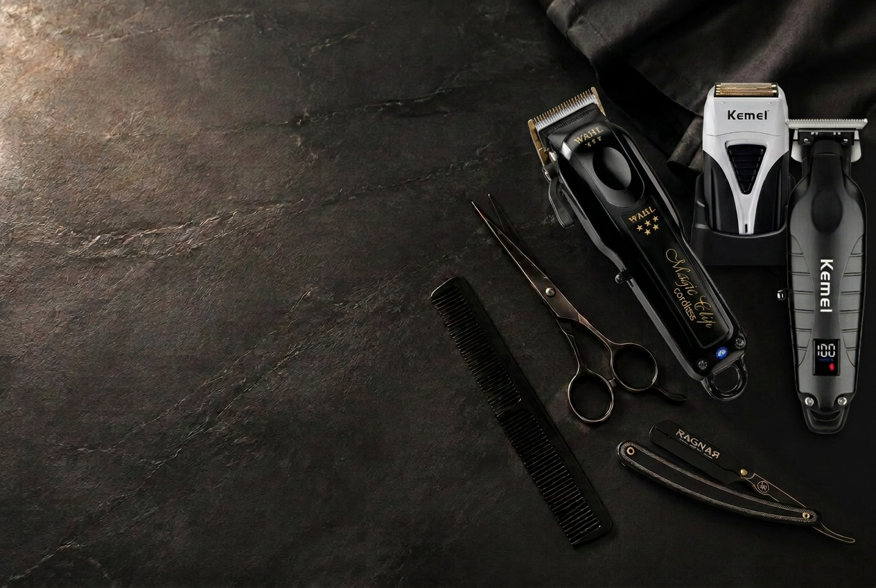 Herramientas de barbería: máquina, tijeras, peine y navaja